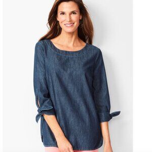 Talbots Chambray Denim Tie Sleeve Pullover Shirt